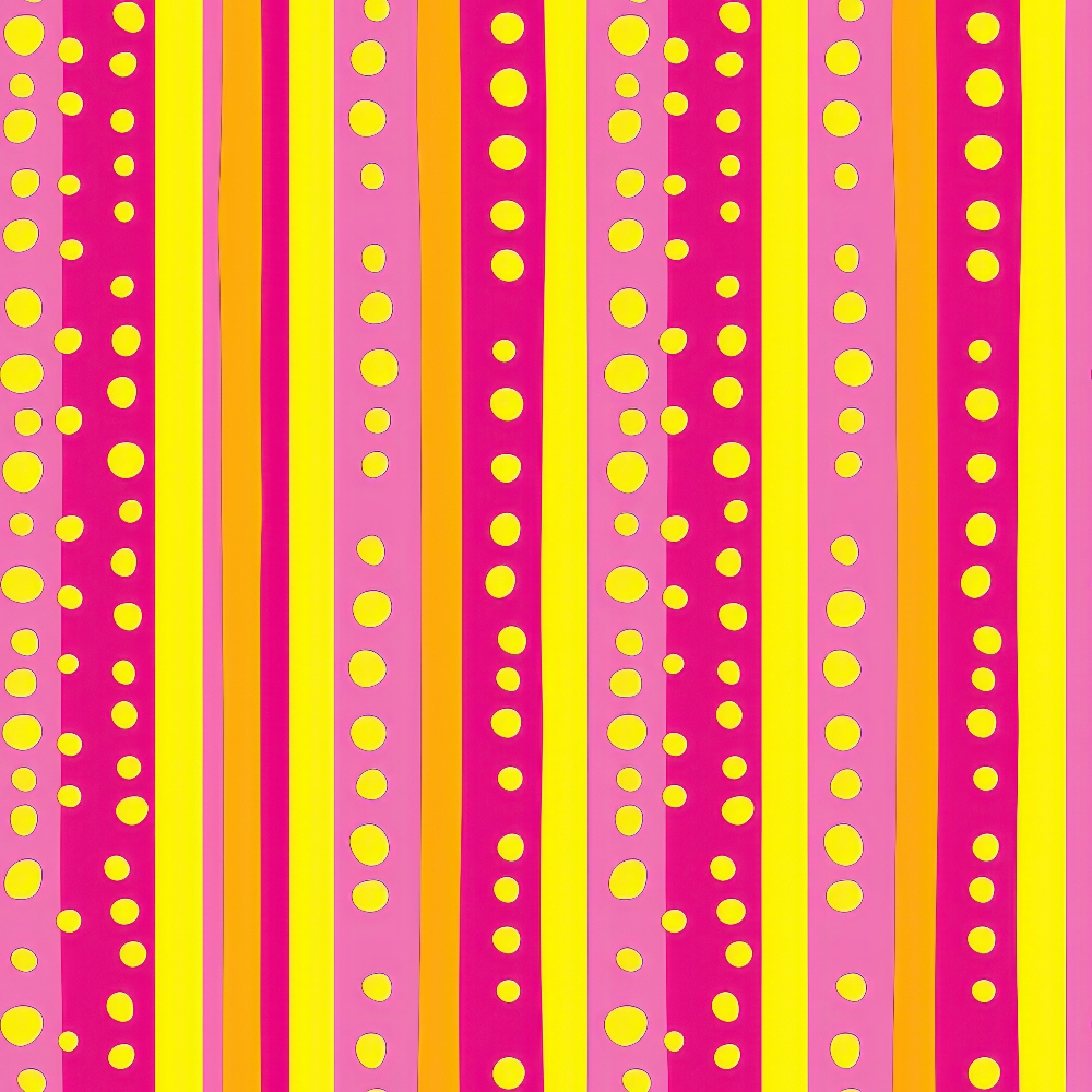 A pattern of vertical pink, red, and yellow stripes with evenly spaced yellow circles on a pink background.