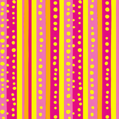 A pattern of vertical pink, red, and yellow stripes with evenly spaced yellow circles on a pink background.