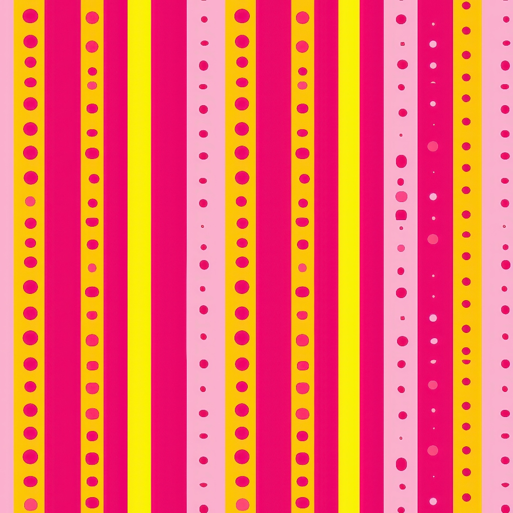 Abstract pattern with vertical stripes in red, pink, and yellow. Dots of varying sizes decorate the stripes, creating a vibrant and repetitive design.