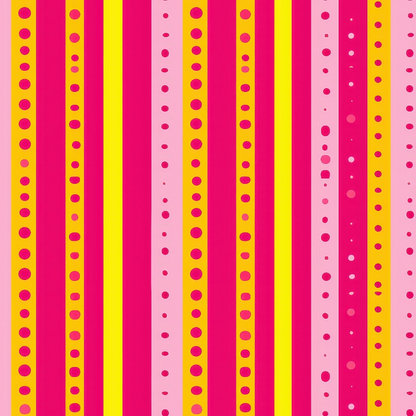 Abstract pattern with vertical stripes in red, pink, and yellow. Dots of varying sizes decorate the stripes, creating a vibrant and repetitive design.