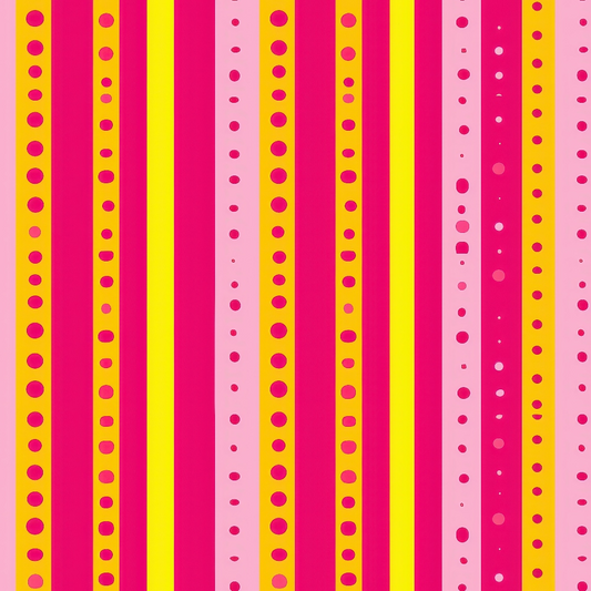 Abstract pattern with vertical stripes in red, pink, and yellow. Dots of varying sizes decorate the stripes, creating a vibrant and repetitive design.