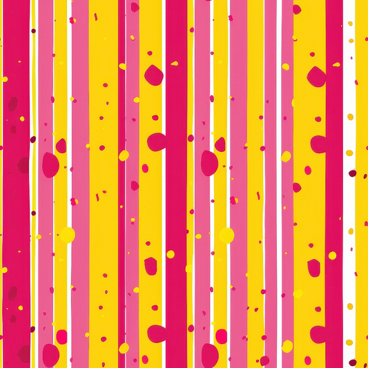 Vertical stripes in red, pink, and yellow with scattered red and yellow dots on a white background.