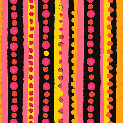 Vertical stripes in pink, orange, yellow, and black with rows of red and pink dots create a bold, colorful pattern.