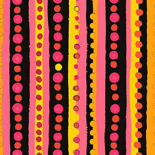 Vertical stripes in pink, orange, yellow, and black with rows of red and pink dots create a bold, colorful pattern.