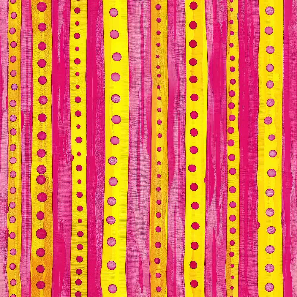 Vertical pink and yellow stripes with rows of pink dots on yellow bands, forming a colorful abstract pattern.