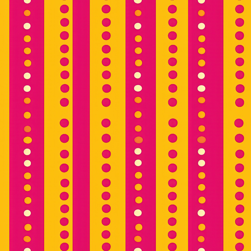 Bright yellow and pink vertical stripes with evenly spaced orange and white dots arranged in rows.