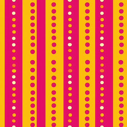 Bright yellow and pink vertical stripes with evenly spaced orange and white dots arranged in rows.