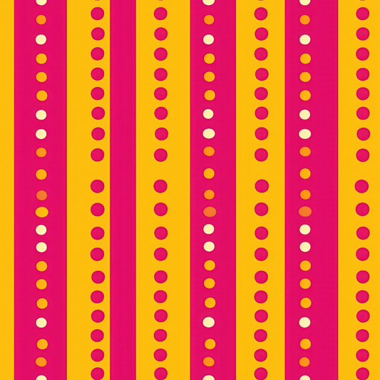 Bright yellow and pink vertical stripes with evenly spaced orange and white dots arranged in rows.