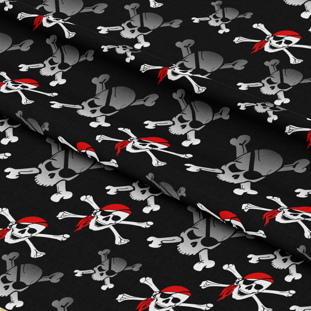 - Pirate Skull Quilting Cotton Fabric  
- Black background  
- White skulls and crossbones  
- Red bandanas  
- Nautical theme  
- Cotton textile  
- Quilting material  
- Repeated skull pattern  
- Bold contrast  
- Fabric yardage  
- Halloween style