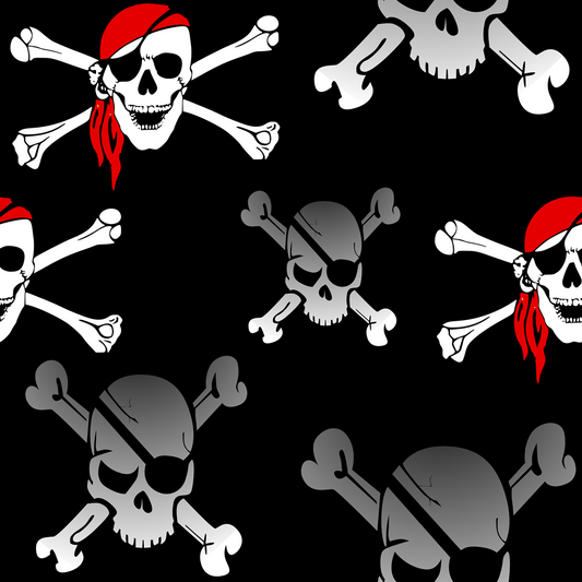 Pattern of pirate skulls with crossbones on a black background, featuring red bandanas and eye patches.