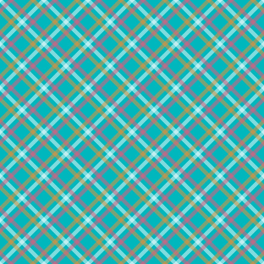 A seamless teal plaid pattern with intersecting yellow, pink, and white lines forming diamond shapes.