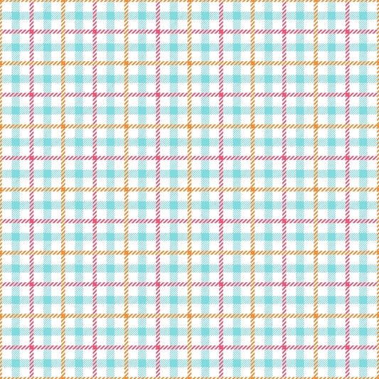 Plaid pattern with intersecting blue, red, and yellow lines on a white background.