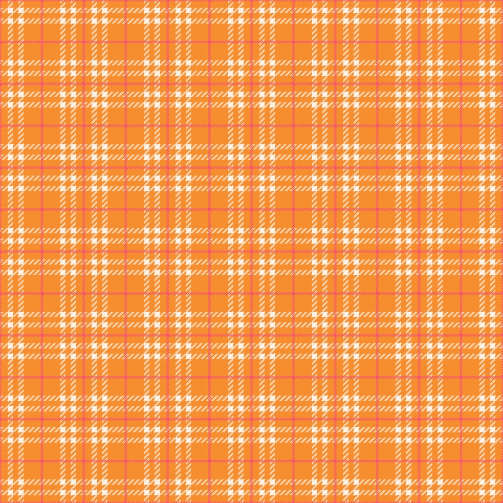 A tartan pattern featuring orange, white, and pink intersecting lines on a textured background.