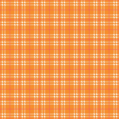 A tartan pattern featuring orange, white, and pink intersecting lines on a textured background.