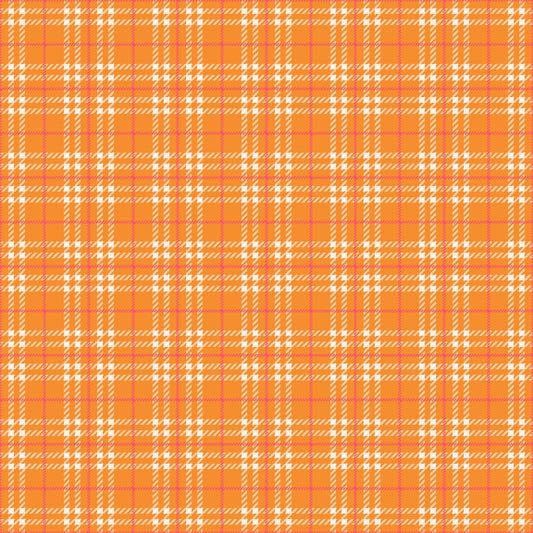 A tartan pattern featuring orange, white, and pink intersecting lines on a textured background.