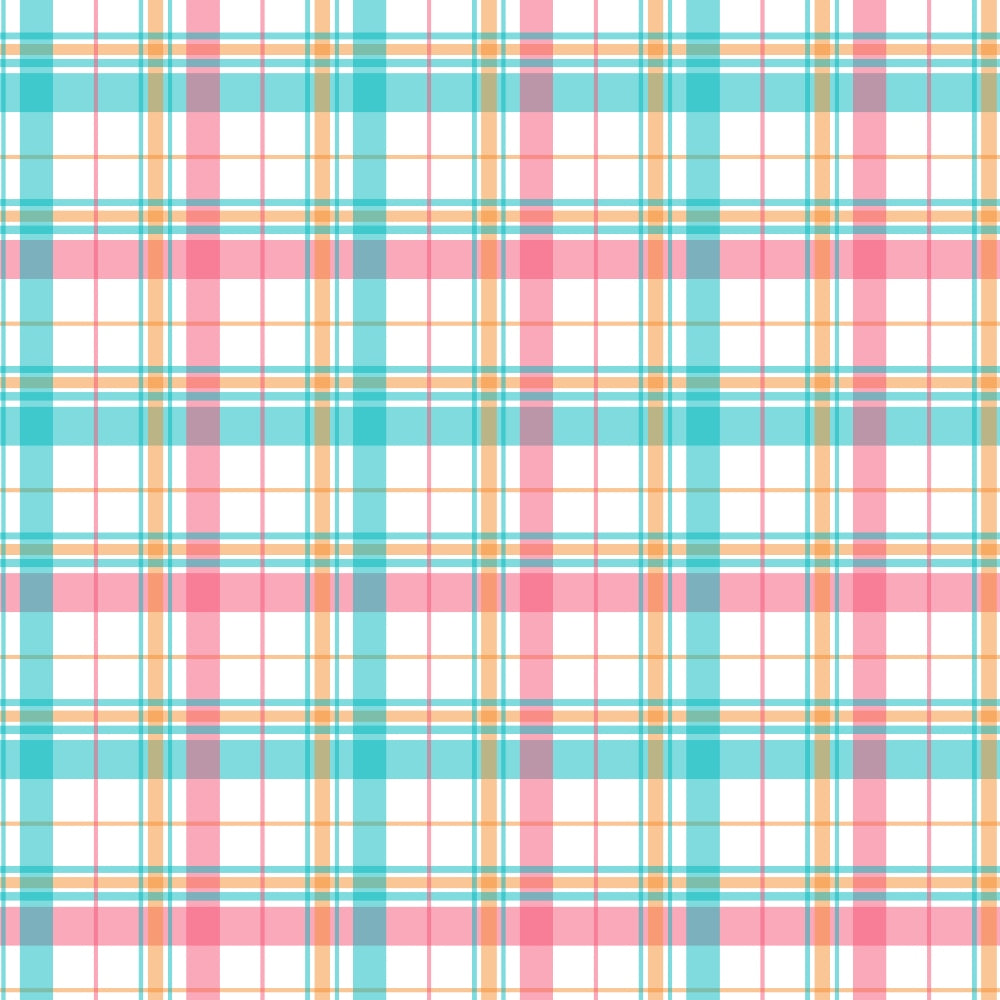 A plaid pattern featuring intersecting lines in pink, turquoise, and orange on a white background.