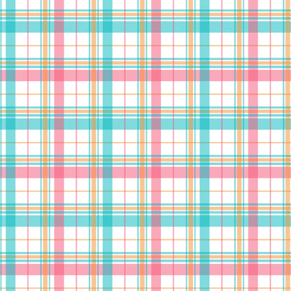 A plaid pattern featuring intersecting lines in pink, turquoise, and orange on a white background.