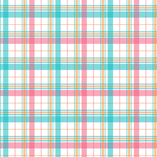 A plaid pattern featuring intersecting lines in pink, turquoise, and orange on a white background.