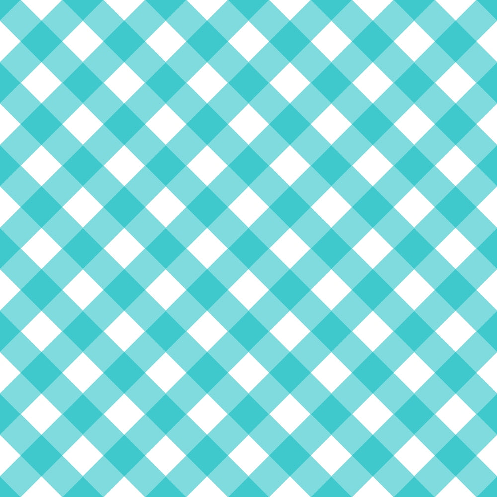 Teal and white gingham pattern with diagonal checkered design and alternating squares.