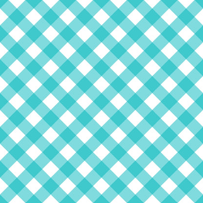 Teal and white gingham pattern with diagonal checkered design and alternating squares.