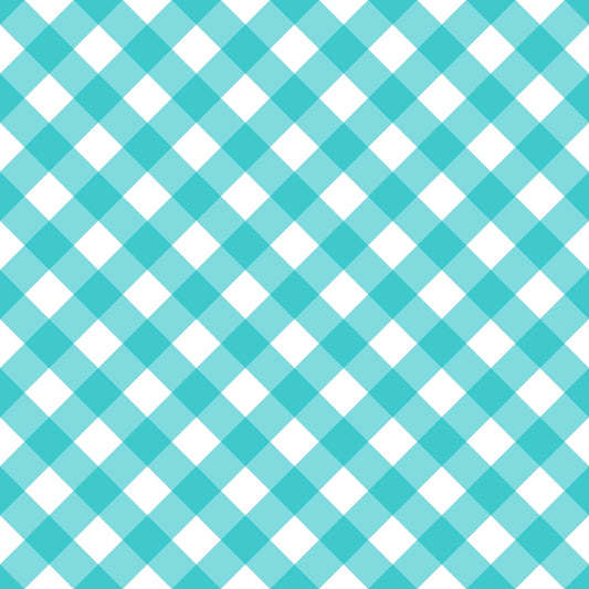 Teal and white gingham pattern with diagonal checkered design and alternating squares.