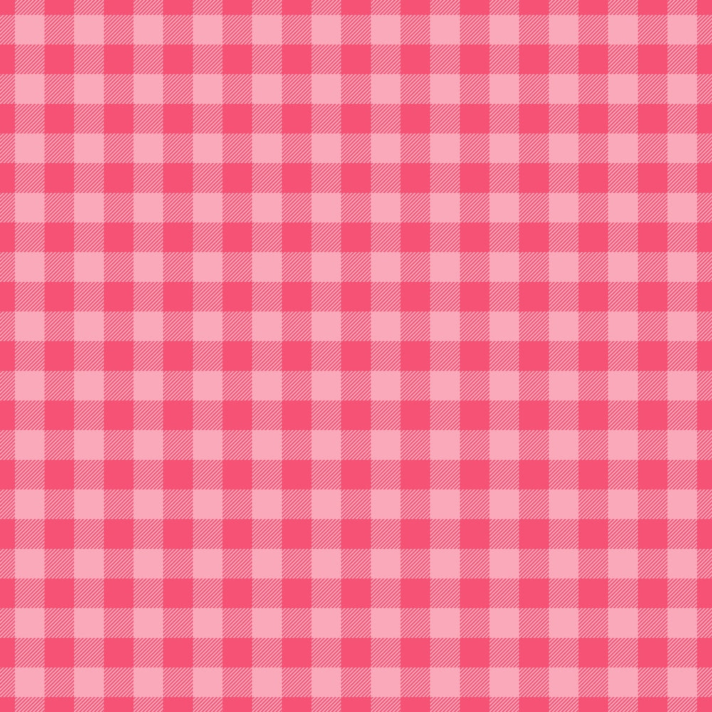 A pink and white checkered gingham pattern fills the image.