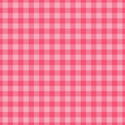 A pink and white checkered gingham pattern fills the image.