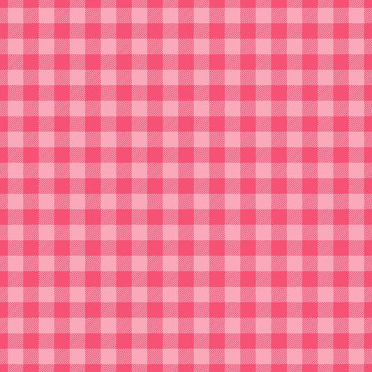 A pink and white checkered gingham pattern fills the image.