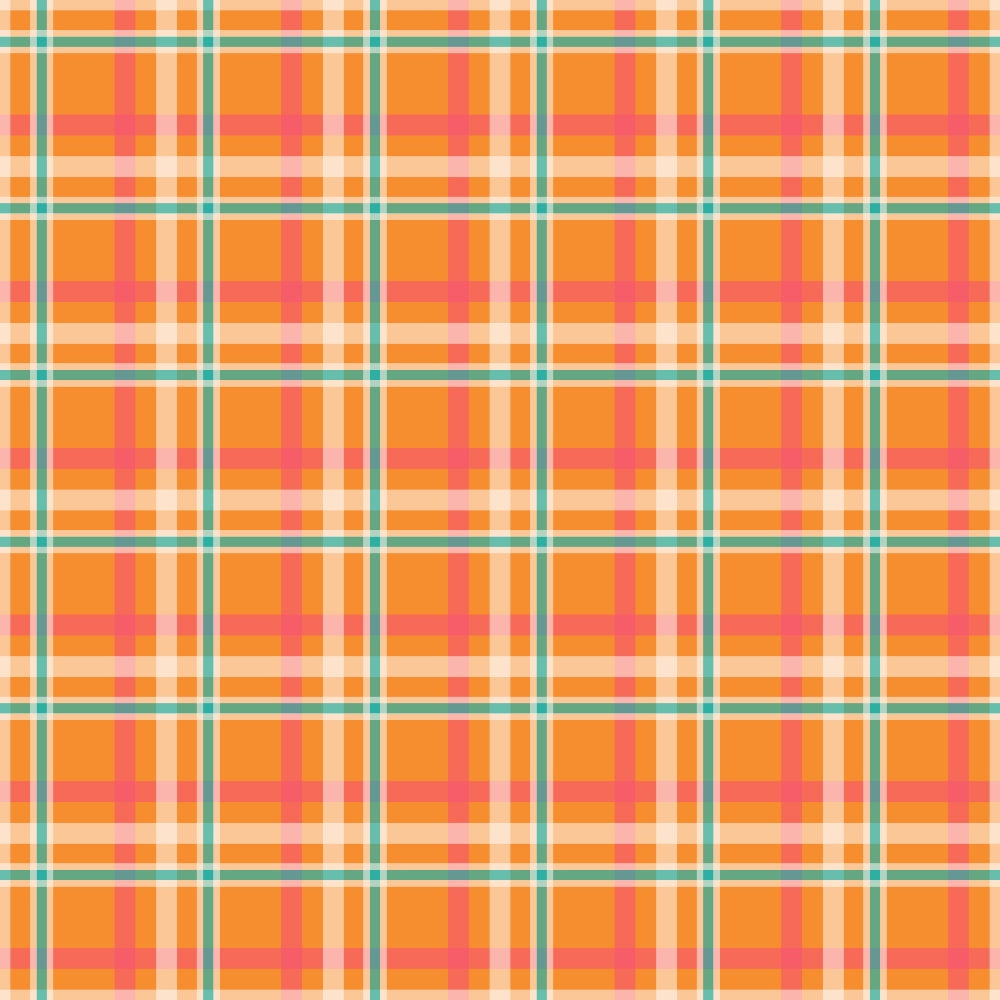 A colorful plaid pattern with intersecting orange, pink, white, and teal lines forming squares.