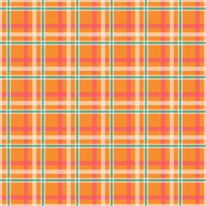 A colorful plaid pattern with intersecting orange, pink, white, and teal lines forming squares.