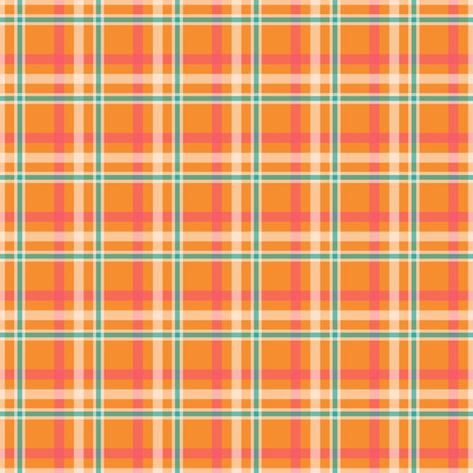 A colorful plaid pattern with intersecting orange, pink, white, and teal lines forming squares.