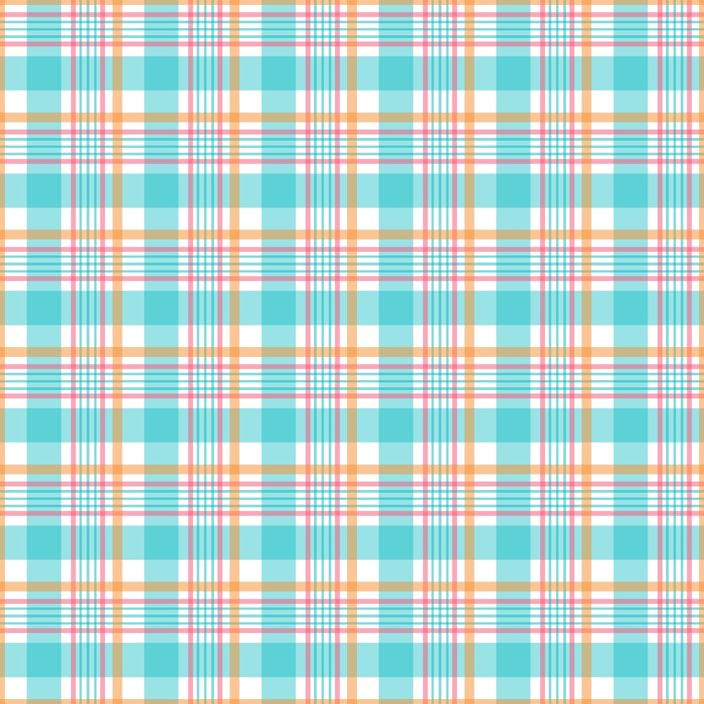 Plaid pattern featuring turquoise, orange, and white intersecting stripes.