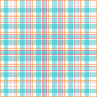 Plaid pattern featuring turquoise, orange, and white intersecting stripes.