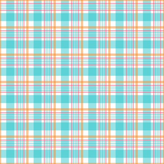 Plaid pattern featuring turquoise, orange, and white intersecting stripes.