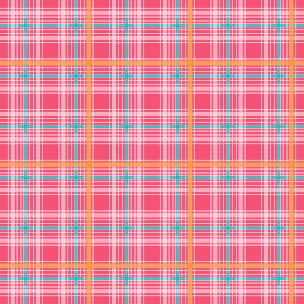 A colorful plaid pattern with intersecting lines in pink, white, blue, and yellow, forming squares and creating a repeating design.