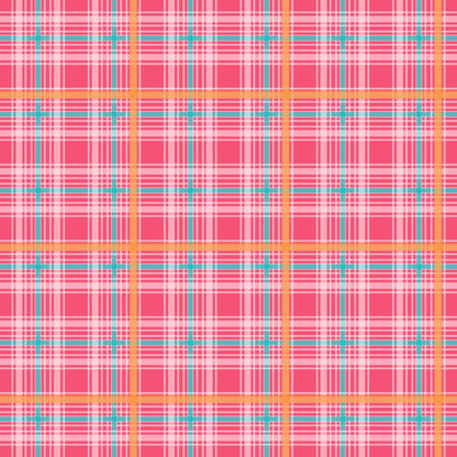 A colorful plaid pattern with intersecting lines in pink, white, blue, and yellow, forming squares and creating a repeating design.