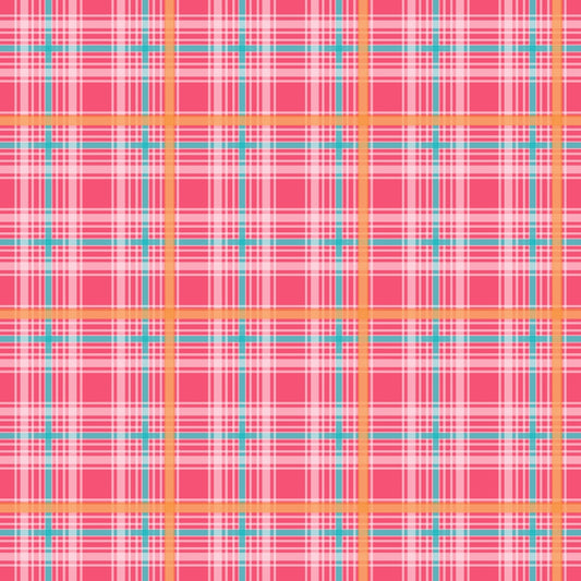 A colorful plaid pattern with intersecting lines in pink, white, blue, and yellow, forming squares and creating a repeating design.