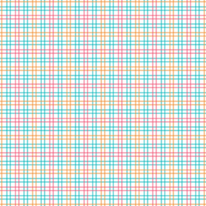 A grid pattern with intersecting lines in orange, pink, and teal on a white background.