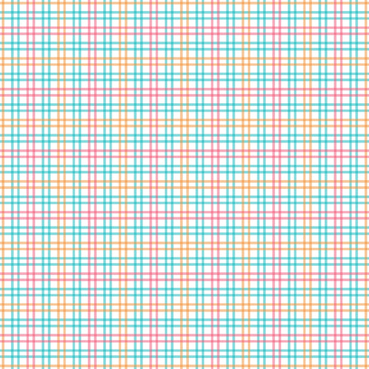 A grid pattern with intersecting lines in orange, pink, and teal on a white background.