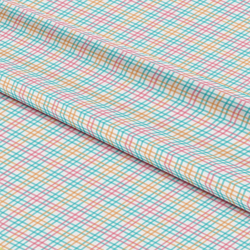 - Plaid for Summer Pattern 3 Quilting Cotton Fabric  
- Multicolor plaid design  
- Light blue, orange, pink lines  
- Soft cotton textile  
- Quilting fabric  
- Checkered texture  
- Lightweight cotton cloth  
- Summer-inspired fabric  
- Casual pattern  
- Sewing material