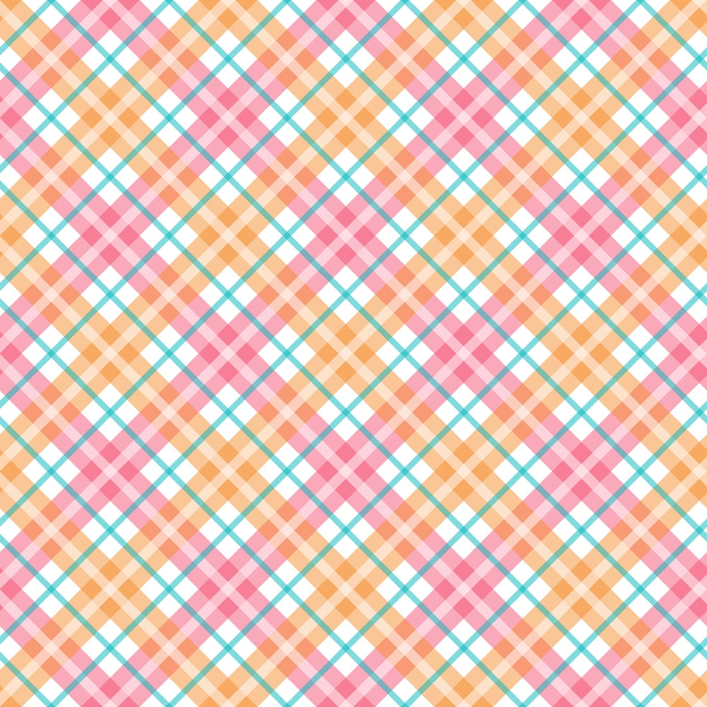 A colorful plaid pattern featuring intersecting lines and squares in pink, orange, and teal on a white background.