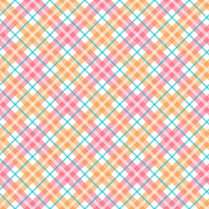 A colorful plaid pattern featuring intersecting lines and squares in pink, orange, and teal on a white background.