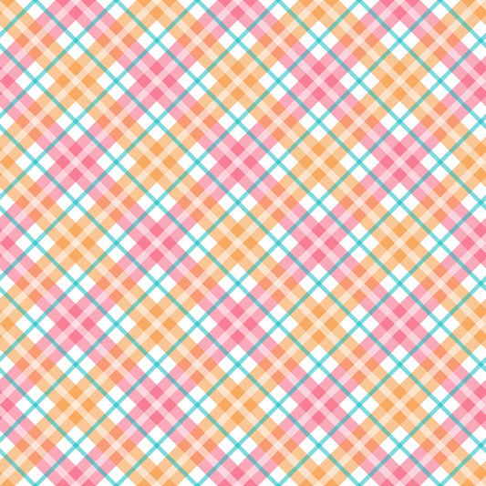 A colorful plaid pattern featuring intersecting lines and squares in pink, orange, and teal on a white background.