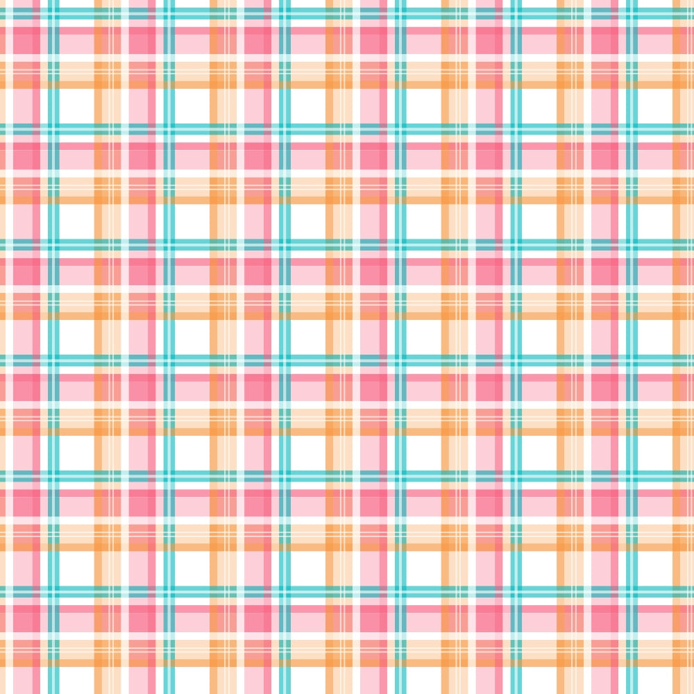 Pattern of intersecting orange, pink, and teal lines forming a plaid design on a white background.