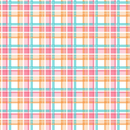 Pattern of intersecting orange, pink, and teal lines forming a plaid design on a white background.