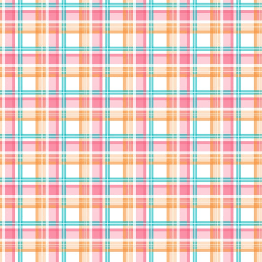 Pattern of intersecting orange, pink, and teal lines forming a plaid design on a white background.