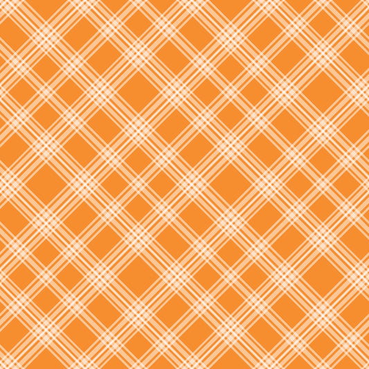 Orange and white plaid pattern with intersecting diagonal lines forming squares and diamonds.