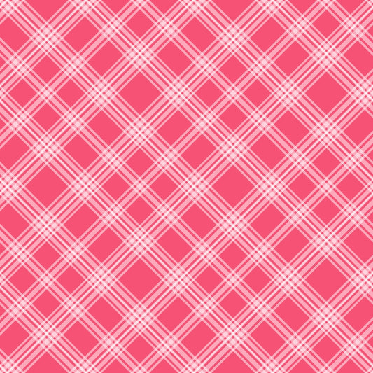 A pink and white plaid pattern with intersecting diagonal lines forming squares and diamonds.