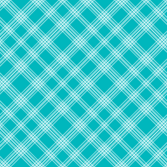 Teal plaid pattern with intersecting white lines forming a crisscross design.