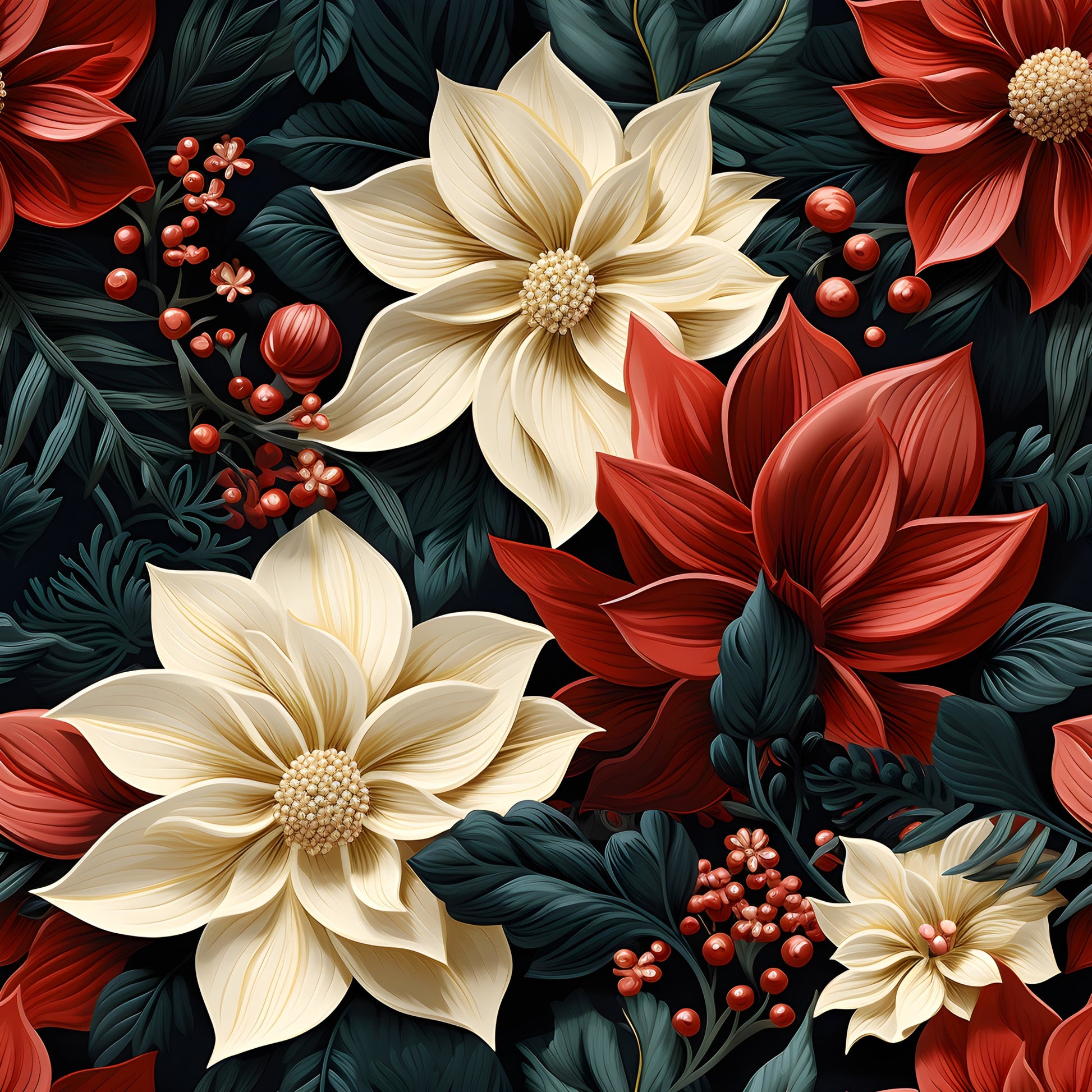 cream flowers, red poinsettias, dark green foliage, burgundy petals, coral berries, floral pattern, botanical design, christmas blooms, holiday florals, quilting cotton, fabric panel, winter flowers, festive pattern, detailed petals, textured leaves, seasonal blooms, rich colors, decorative florals